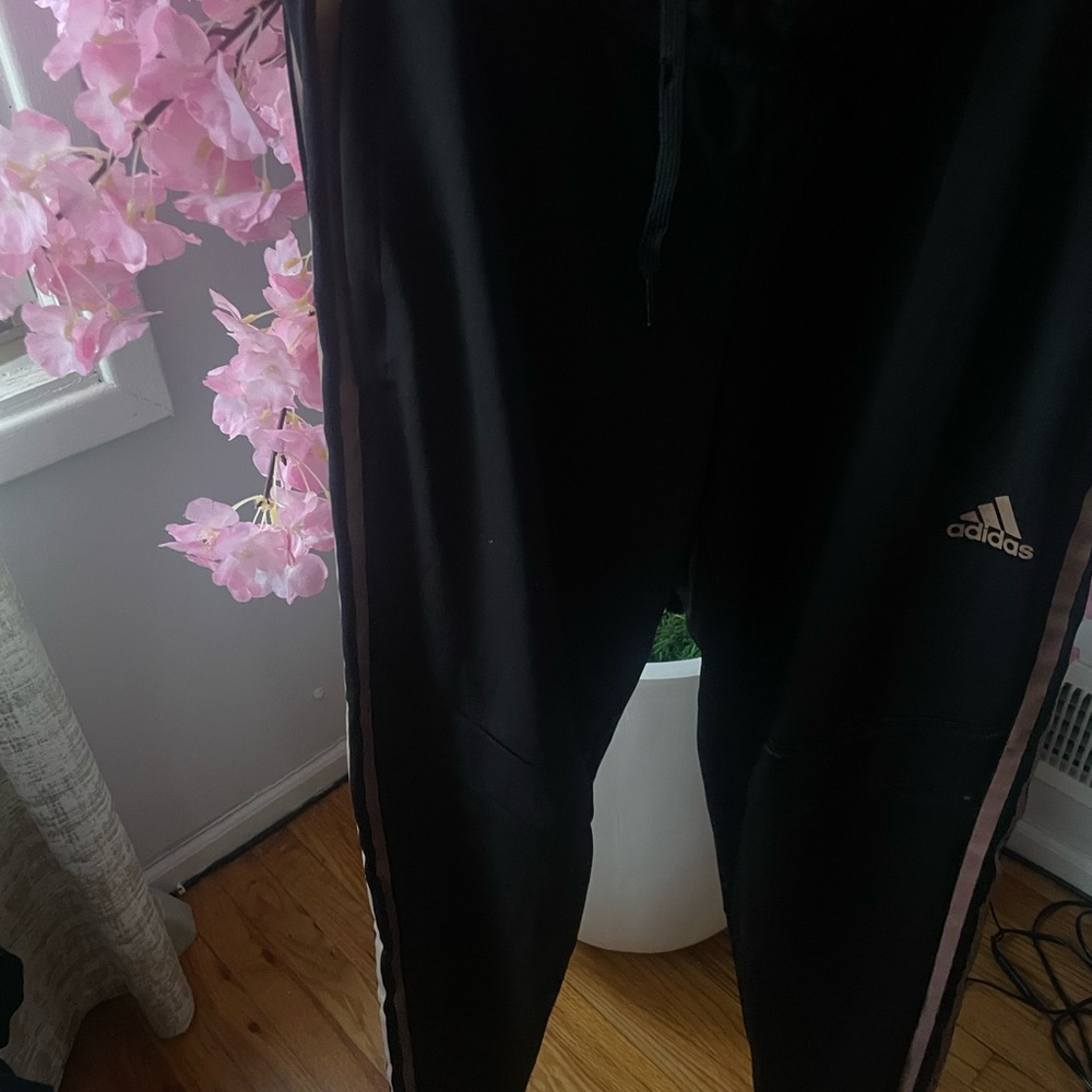 Adidas Kids Black Joggers with Pink Stripes